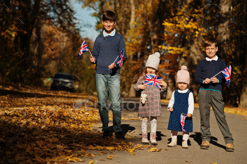  british flags in autumn park.  Britishness celebrating UK.