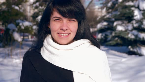 Very Happy Beautiful Girl Jumps Hands Up Feeling Awesome Glad Emotion In Snow