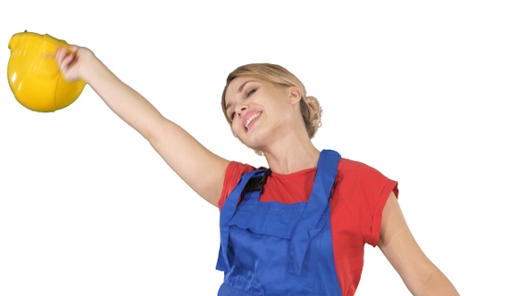 Tradeswoman dancing with a pencil on white background.