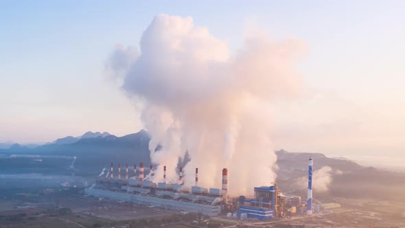 Aerial view, morning coal power plant.