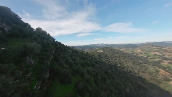 HD FPV Drone Flying Following A Flock Of Birds Around Beautiful Mountain In Sierra De Coripe, Spain.