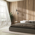 Bedroom interior with wooden panel wall, bed near window with flying curtain and park view, - PhotoDune Item for Sale
