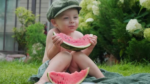 Cute Joyful Baby Eating Watermelon