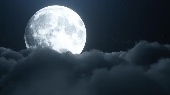 Flight Over Cumulus Lush Clouds in the Night Moonlight