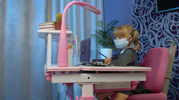 Girl Pupil Doing School Homework with Teacher Using Laptop Computer at Home Distance Education