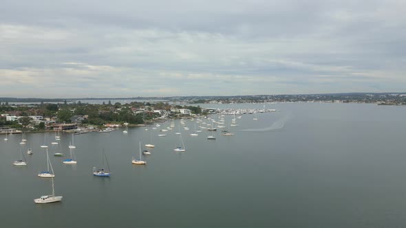 Kogarah Bay Marina and parked boats at San Souci, Sydney Australia. Aerial view on a cloudy day