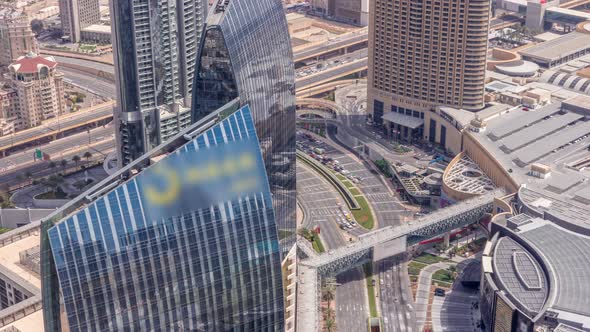 Dubai Downtown Street with Busy Traffic and Skyscrapers Around Timelapse