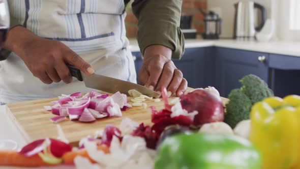 Mid section of man wearing apron chopping vegetables in the kitchen at home