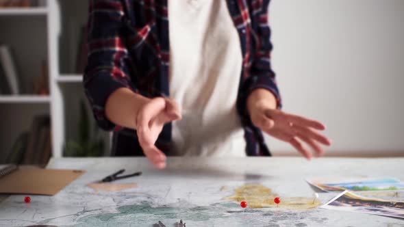 Young Girl Tourist Dancing On The Background Of The World Map, It's Vacation Time Cheerful Dancing