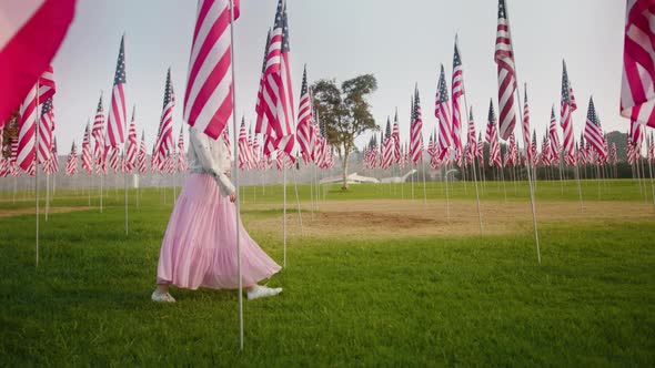 Memorial Park with Many American Flags on the Pole  Slow Motion Footage USA