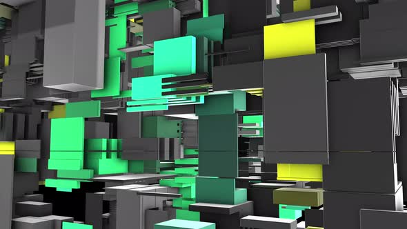 Abstract 3D rendering of cubes and electronic shapes.