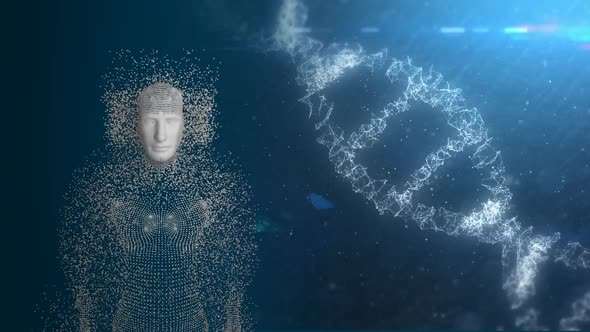 Moving 3d DNA strand and human body alt