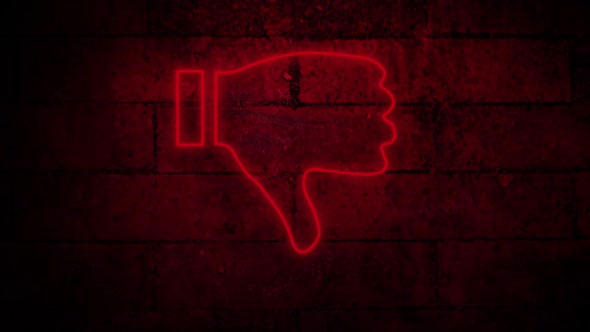 Thumbs down neon sign on brick wall 4k