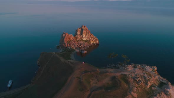 Shamanka Aerial Shot with Quadrocopter Lake Baikal, Summer Dawn