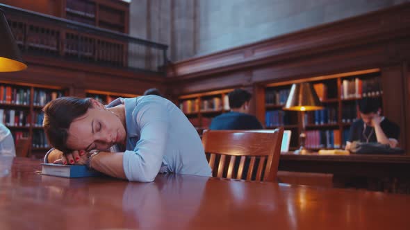 Young student sleeping in the library