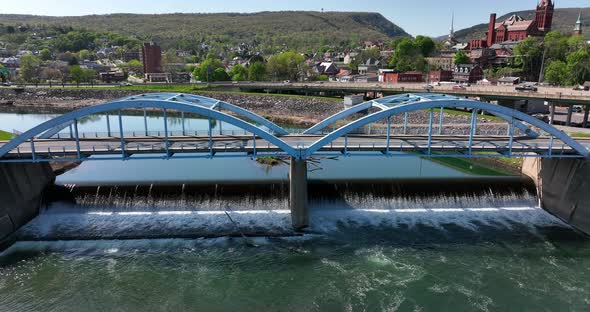 Ridgeley West Virginia bridge at Cumberland Maryland border. Interstate 68 in distance. Aerial of Po