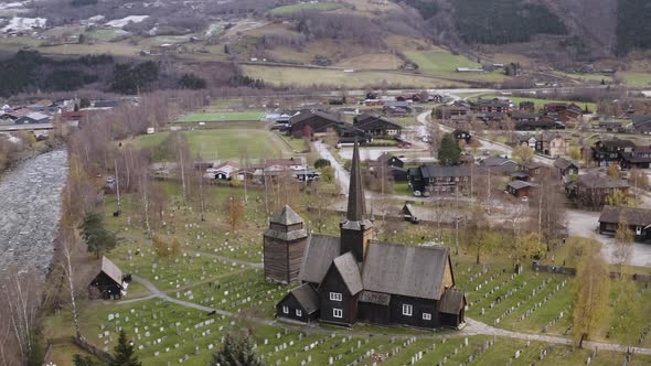 Aerial View On Vågå Church at Vågåmo, Vågå, Oppland, Norway - drone orbit