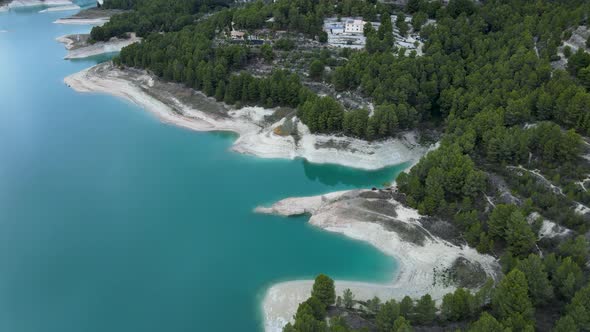 Aerial of Lake Forest and Buildings By Eroded Coast in Guadalest