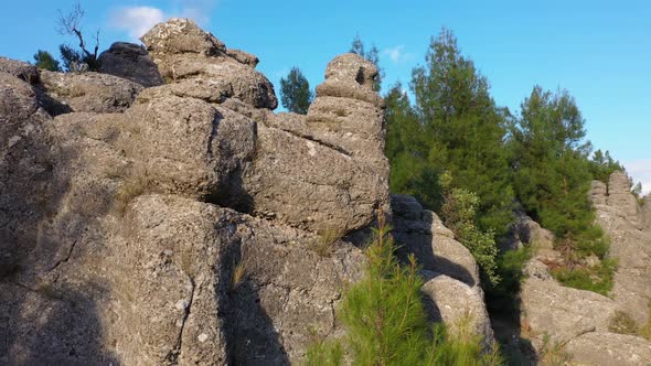 Mountains Landscape with Majestic Rock Formations and Evergreen Trees