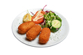 White plate with three Shrimps croquettes ans salad Isolated - PhotoDune Item for Sale
