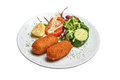 White plate with two Shrimps croquettes ans salad Isolated - PhotoDune Item for Sale