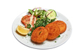 White plate with three Cheese croquettes ans salad Isolated - PhotoDune Item for Sale