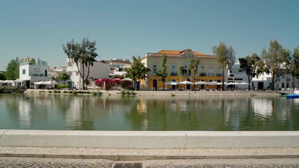 The Ancient Historic Portuguese Town of Tavira Walks Along the Arab Bridge on the River Gilao on the