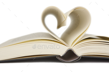 Open book with heart shaped pages. Love for reading. Isolated