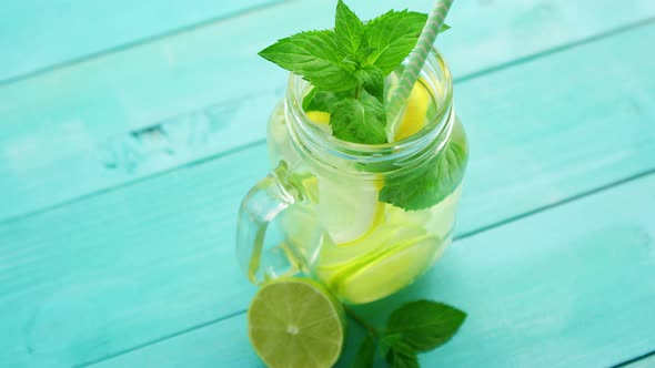 Refreshing Lemonade on Blue Table