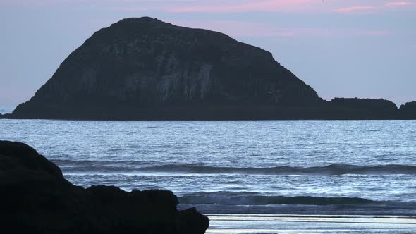 Wild Sea Birds Flying Over Calm Ocean With Rippling Water And Mountain Silhouette In Background At M