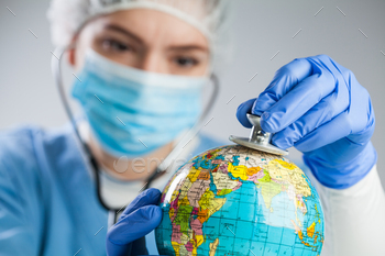  Earth globe and set diagnosis, global medical health check concept, COVID-19 virus disease, Coronavirus epidemic, global pandemic crisis outbreak