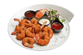 White plate with roasted shrimps, sausage and salad Isolated - PhotoDune Item for Sale