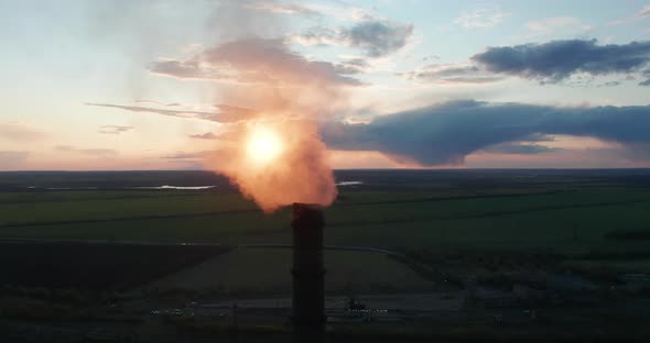 Aerial View. Chimney Pollution Pipes with Grey Smoke. Environmental Pollution Concept Danger To