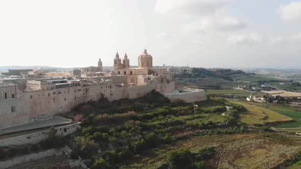 Aerial view of Mdina skyline, a fortified city in Malta.