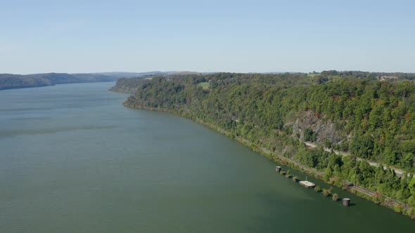 Railroad runs along Susquehanna River in Central PA Aerial