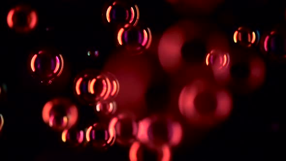 Soap Bubbles of Red Color Fly Close Up. Slow Motion. Black Background