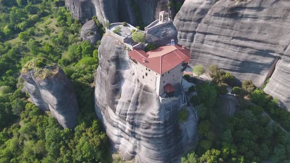 Flying over Monastery of Agios Nikolaos Anapafsas - Meteora in Greece