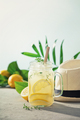 Lemonade, summer hat and tropical fruits and leaves close up. Summer drinks and vacation concept - PhotoDune Item for Sale
