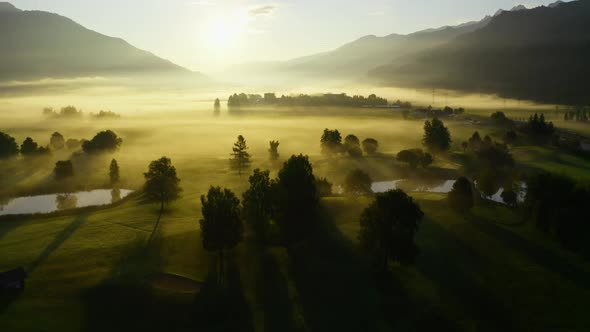 Drone Over Sunit Misty Landscape Of Zell Am See At Dawn