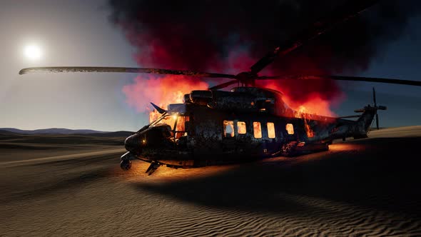 Burned Military Helicopter in the Desert at Sunset alt