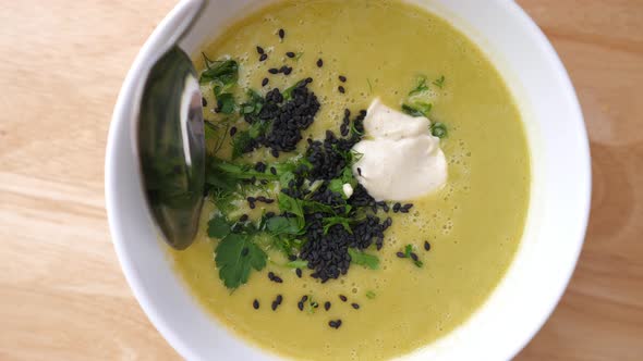 Vegan Vegetable Cream Soup With Pea Spinach And Broccoli