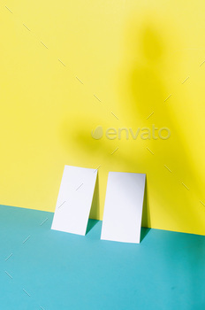 ockup template with shadows on blue and yellow paper background. Place your design.
