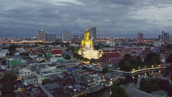 Aerial view of the Giant Golden Buddha in Wat Paknam Phasi Charoen Temple in Phasi Charoen