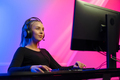 Happy Gamer Girl with Headset Playing Online Video Game on PC - PhotoDune Item for Sale