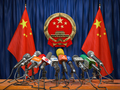 Official press conference of China fgoverment or president. Flags of China and microphones. - PhotoDune Item for Sale