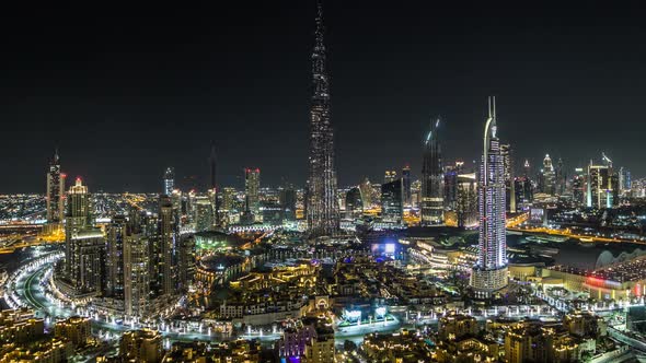 Dubai Downtown at Night Timelapse View From the Top in Dubai United Arab Emirates