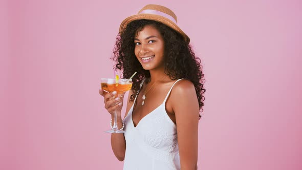 Afroamerican Model in Hat Jewelry and White Dress