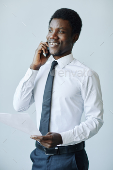 speaking on phone against white background