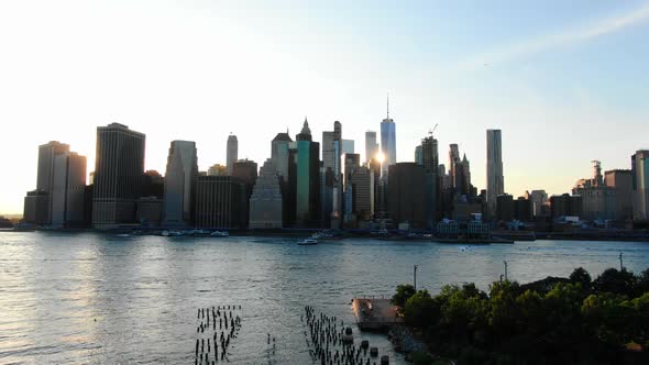 Drone Flying Over Manhattan Against Sky