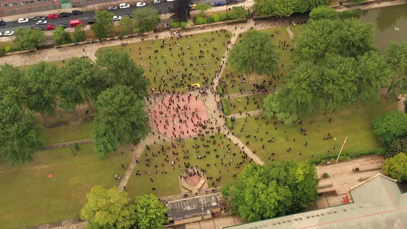 Aerial rotating view of the second Black Lives Matter protest in Hull showing social distancing due